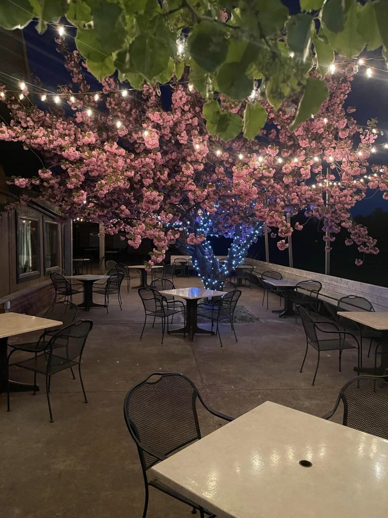 patio tables and chairs among a blossoming tree