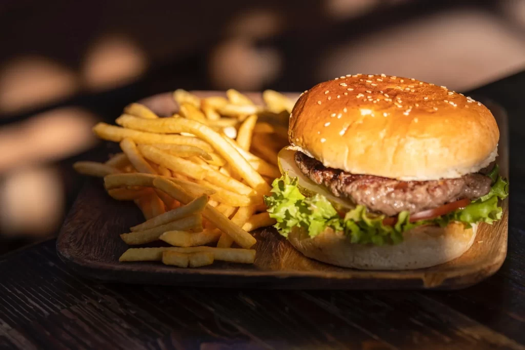 plate of gourmet burger with french fries