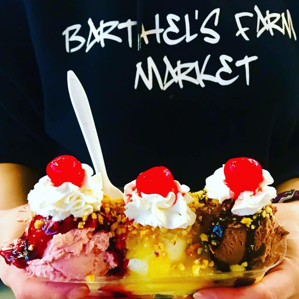 Someone holding an ice cream sundae wearing a Barthel's Farm Market T-shirt