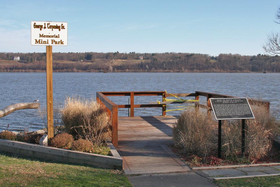 deck and sign for George J. Terpening Sr. Memorial Mini-Park at the edge of the Hudson River