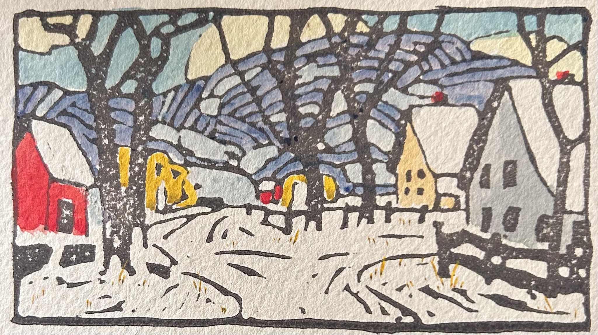 painting of houses sitting beside a snow-covered road