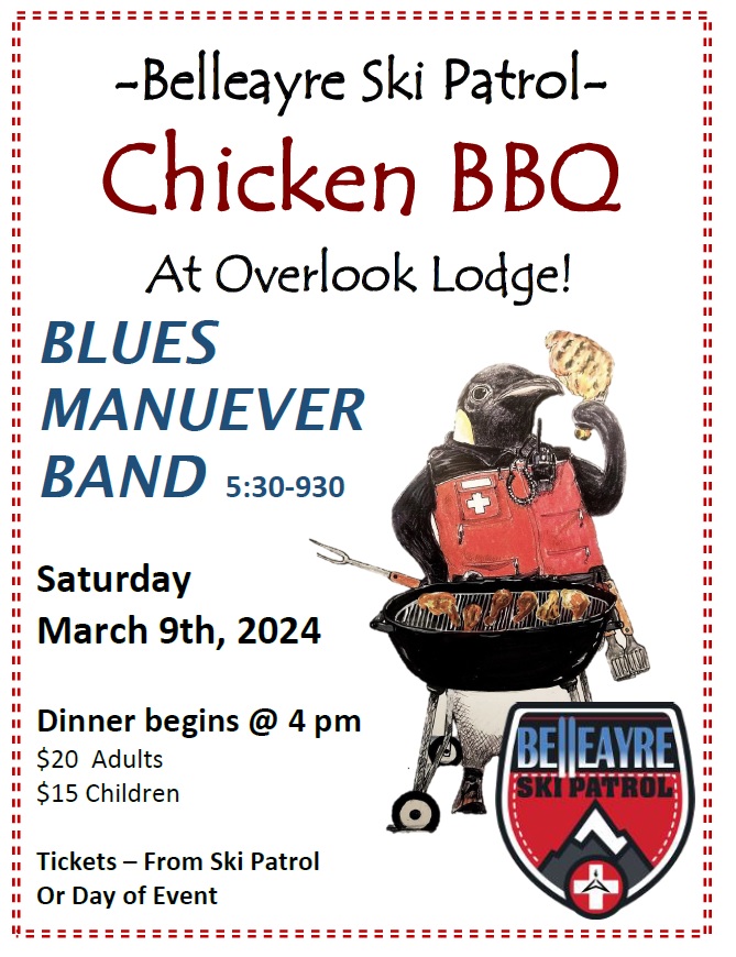 events flyer for Belleayre Ski Patrol BBQ and Band in March 2024