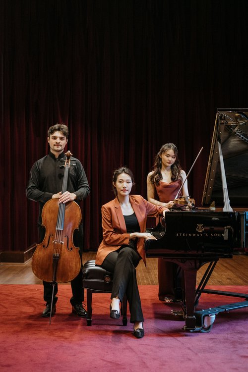 trio of musicians posing with their piano and stringed instruments