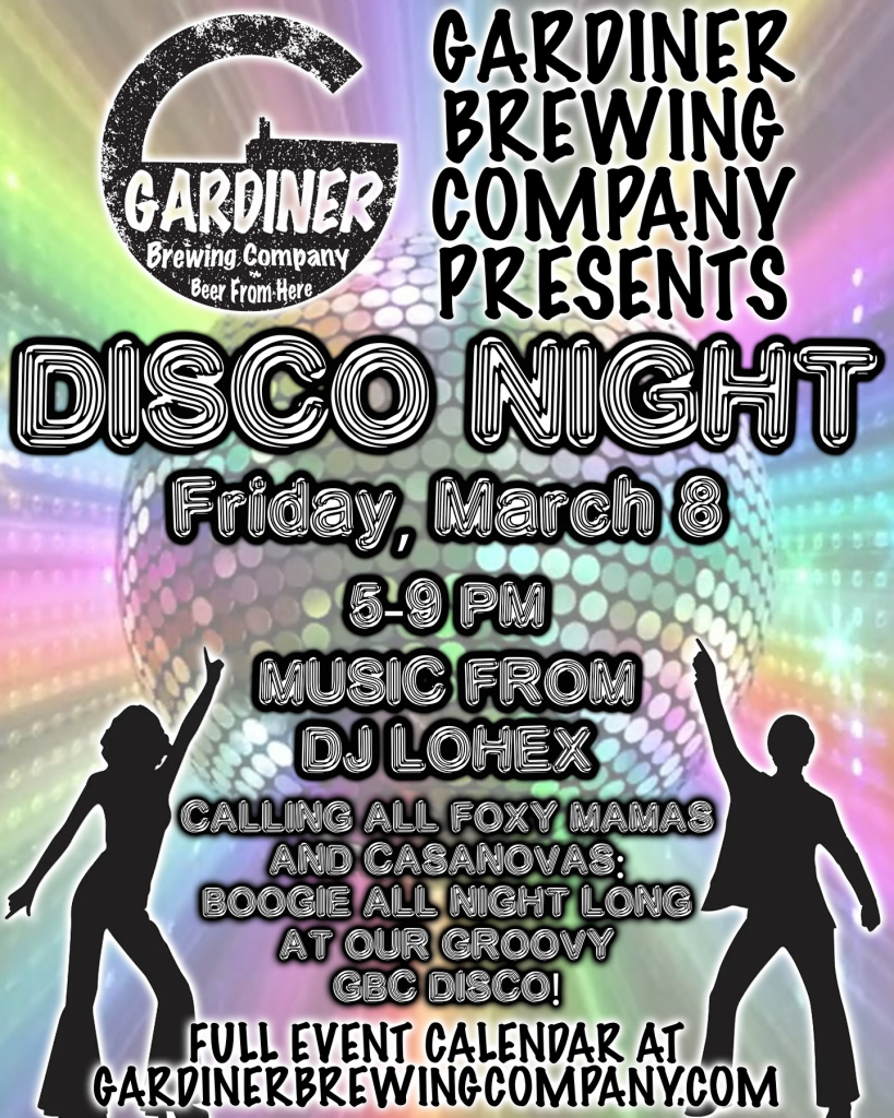 events flyer for Disco Night at Gardiner Brewing