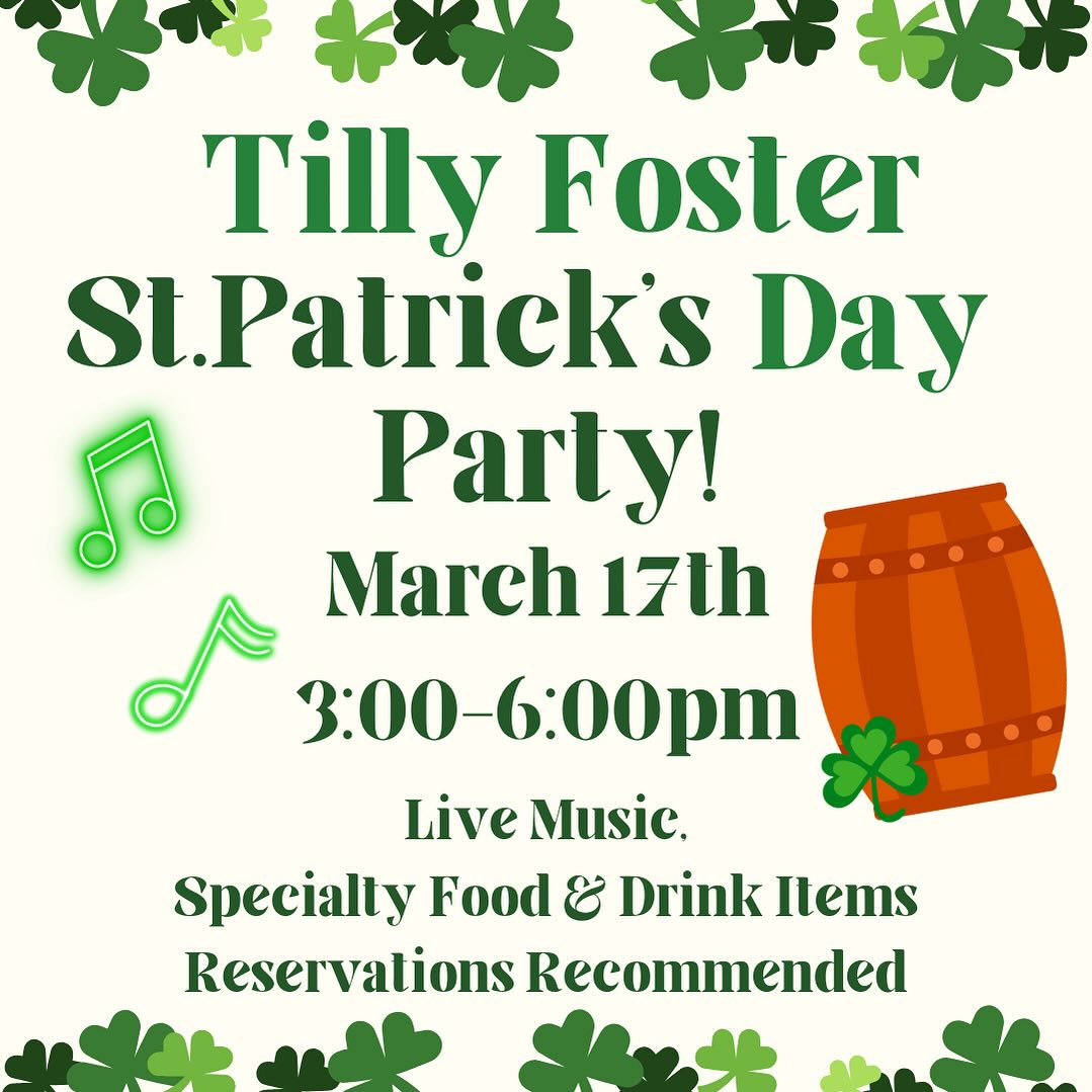 events flyer for Tilly Foster St. Patrick's Day, showing musical notes and shamrocks
