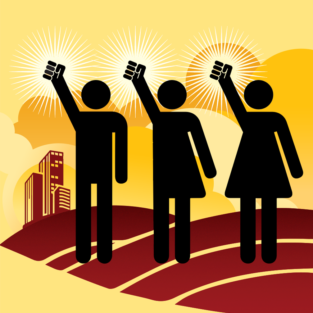 icon silhouettes of three people raising their fists in power