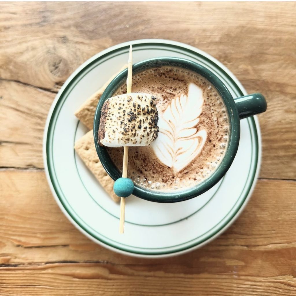 flat white coffee drink garnished with a roasted marshmallow