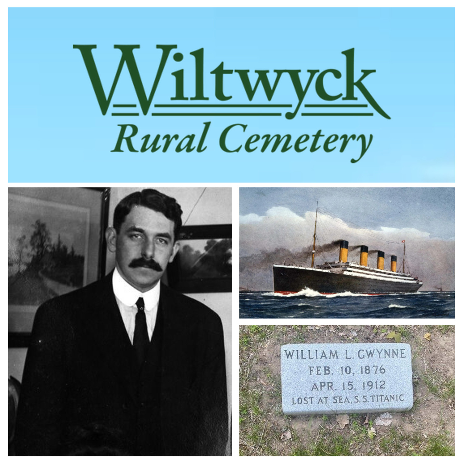 collage of photos showing the Titanic, William Gwynne and his gravestone