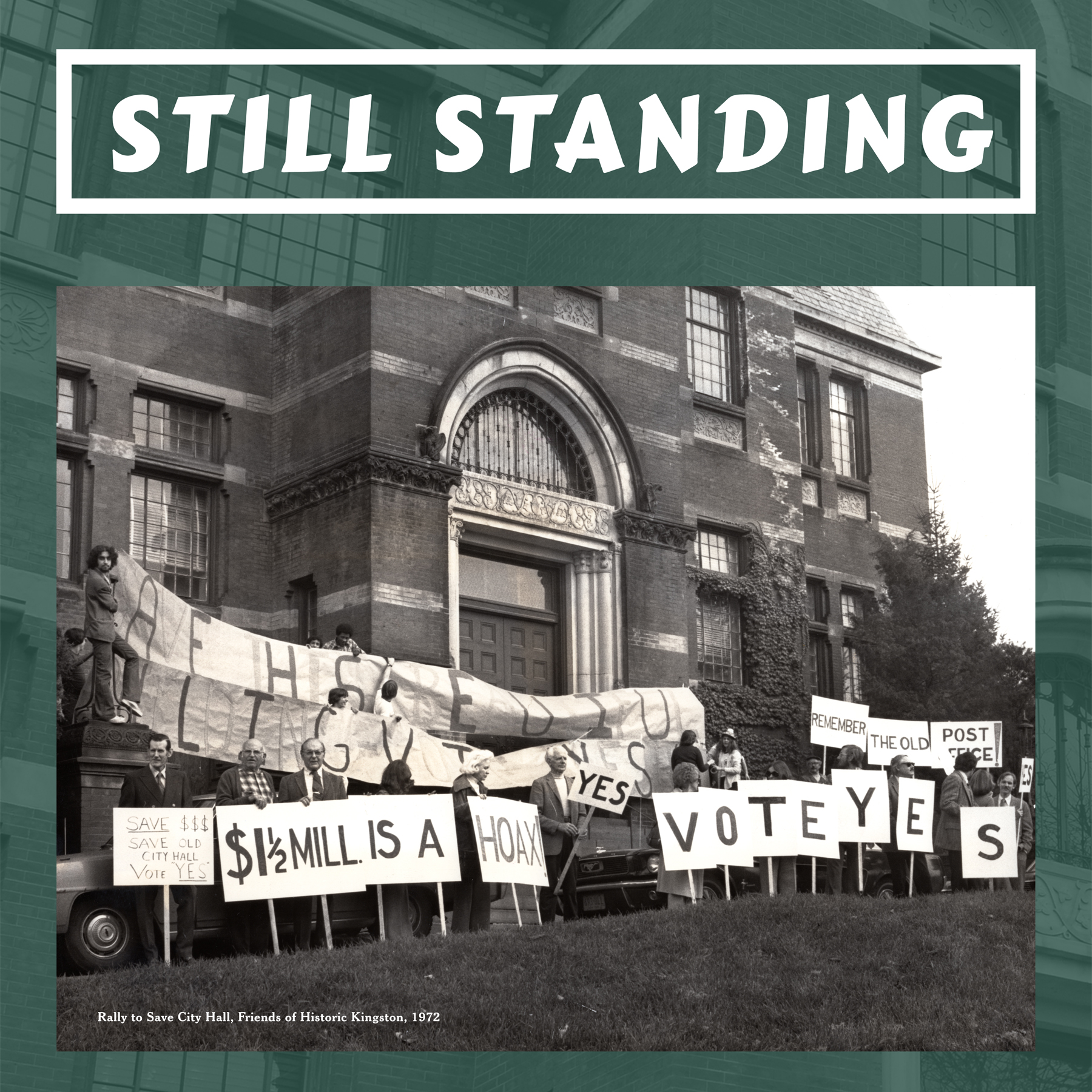 Still standing poster with a photo of protesters at the city hall in 1972