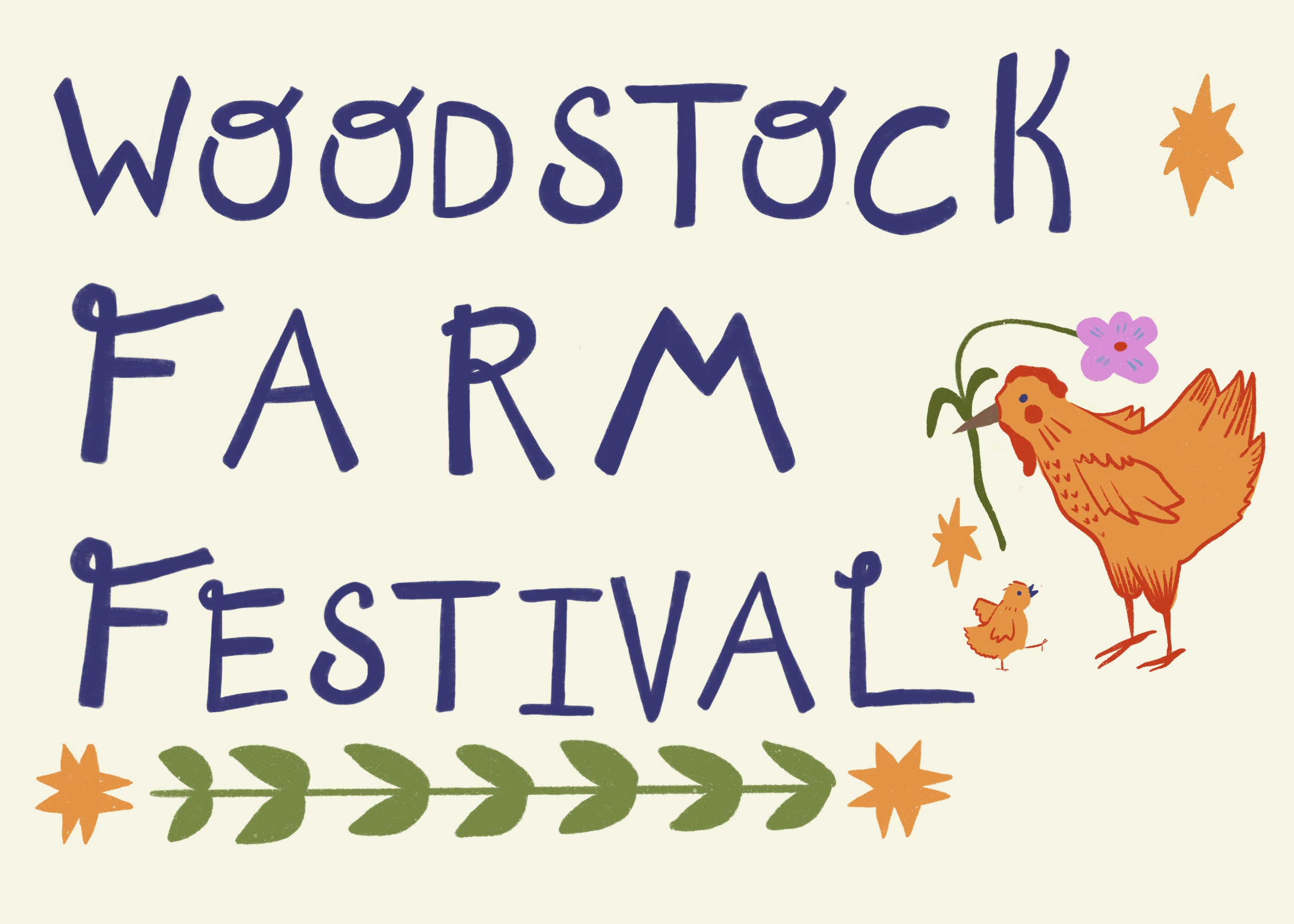 woodstock farm festival logo with chicken holding a flower