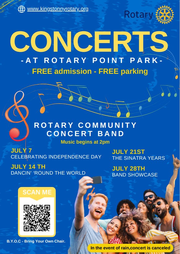 concerts at rotary park July 7th, 14th, 21st, and 28th flyer