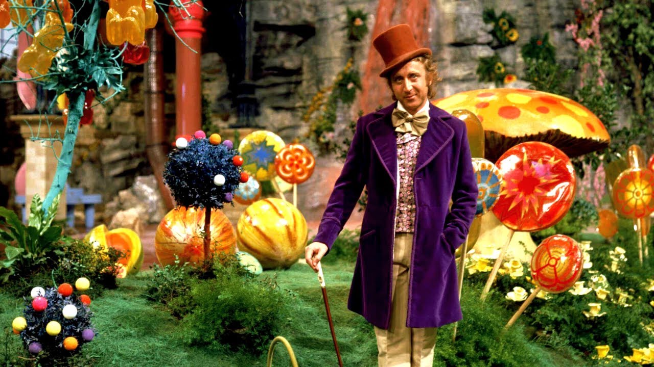 gene Wilder as will wonka in the forest made of candy
