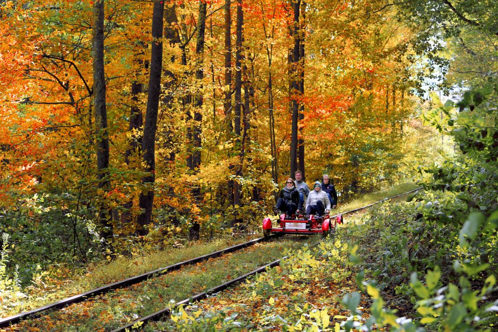 A group of friends riding the Rail Explorer's Catskills Division rail