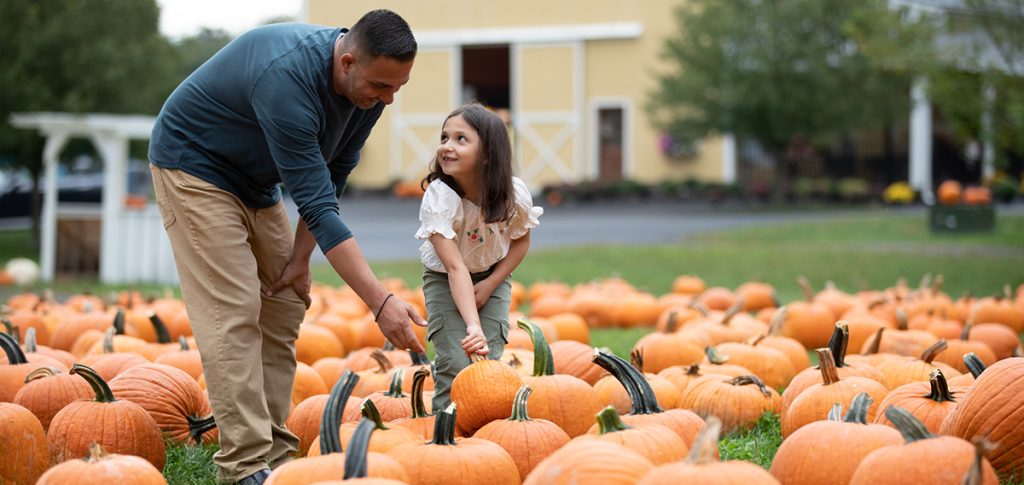 Father and daughter picking a pumpkin at the pumpkin patch