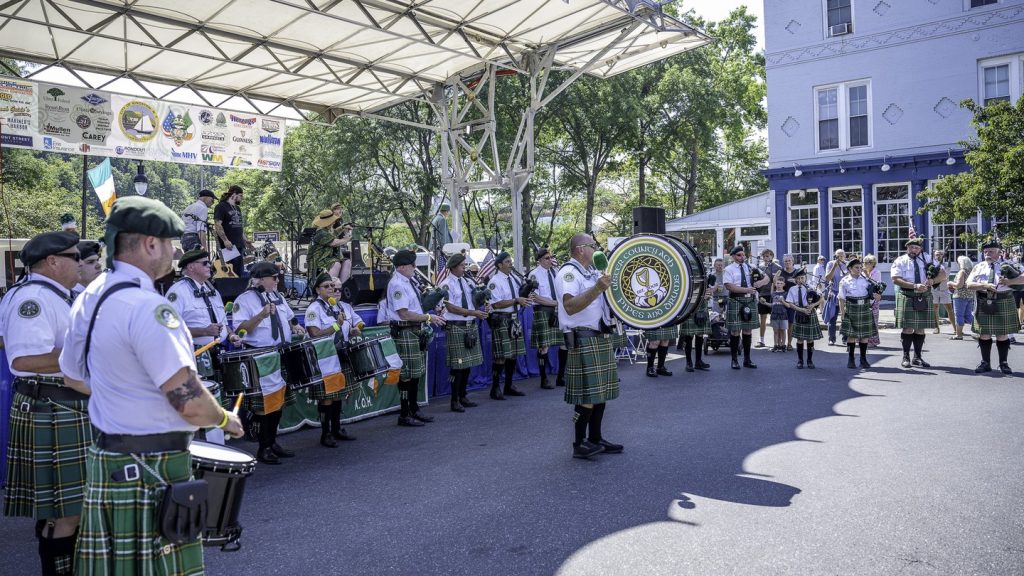 Irish pipe band performing outdoors