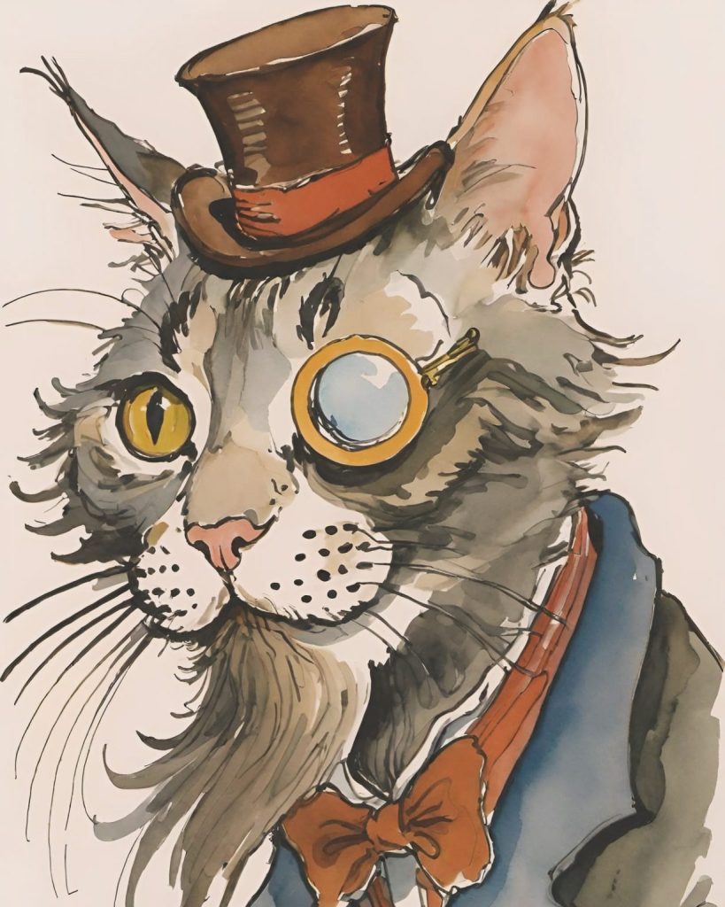 Watercolor illustration of a cat in a top hat, monocle, bow tie, and suit, with long whiskers and a pointed beard.