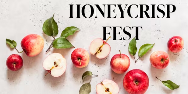 Honeycrisp Fest event graphic with whole, halved, and sliced apples and leaves on light background; bold black 'Honeycrisp Fest' text above.
