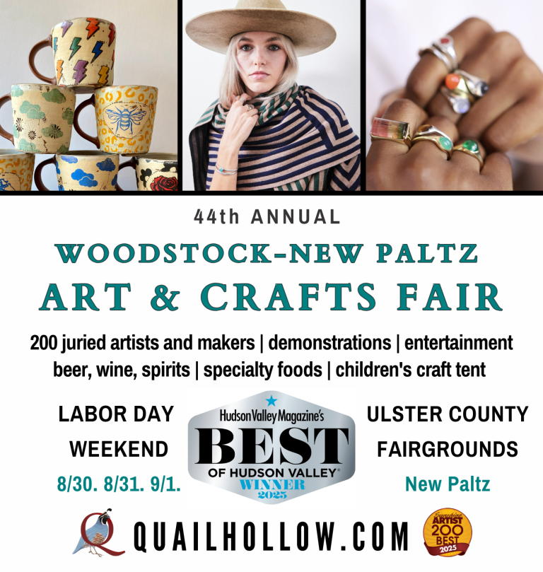 44th Annual Woodstock-New Paltz Art & Crafts Fair poster, Aug 30–Sept 1, 2025, Ulster County Fairgrounds. Pottery, jewelry, wide-brim hat.