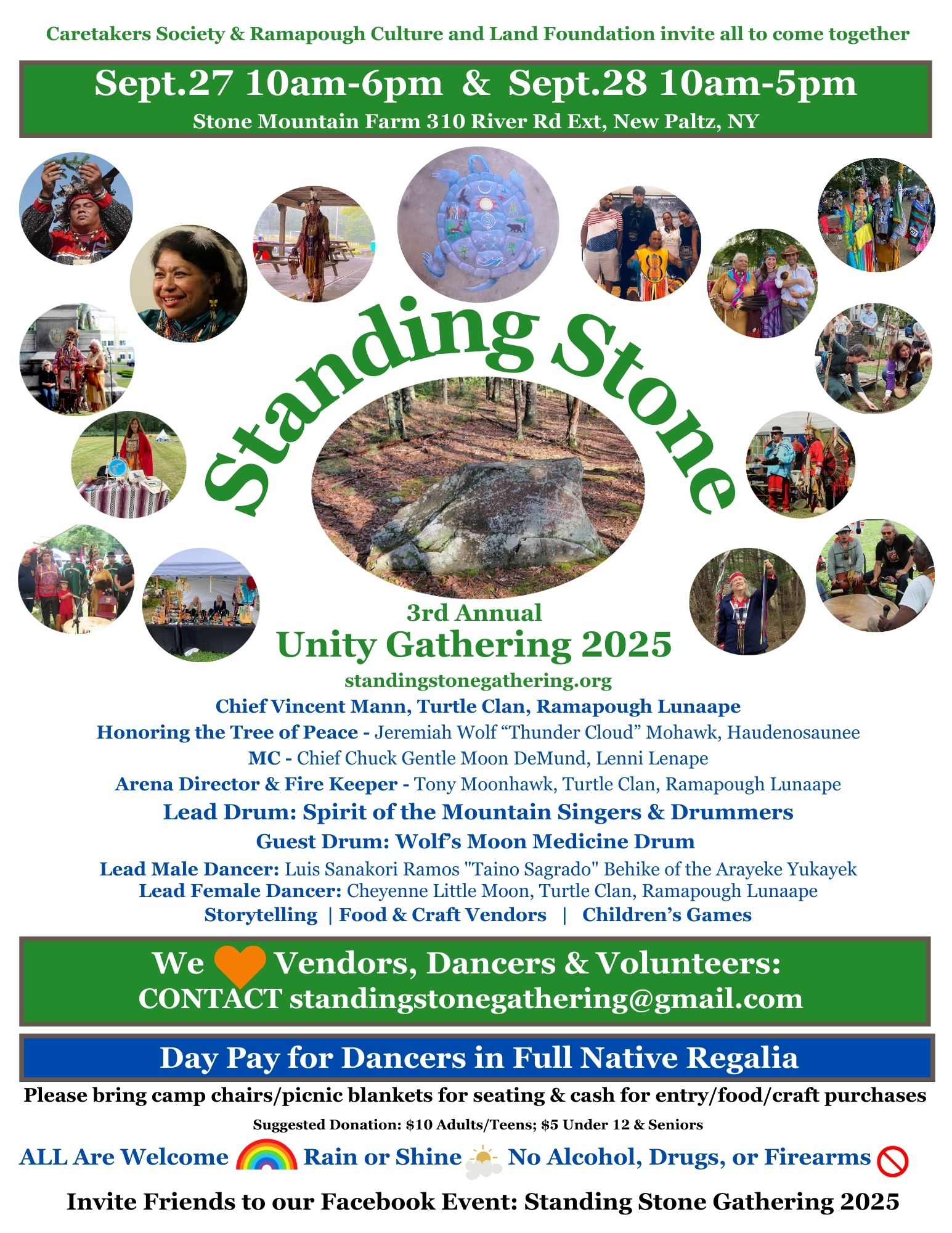 Standing Stone 3rd Annual Unity Gathering flyer, Sept 27–28, Stone Mountain Farm, New Paltz, NY. Event info, guests, vendors, admission.