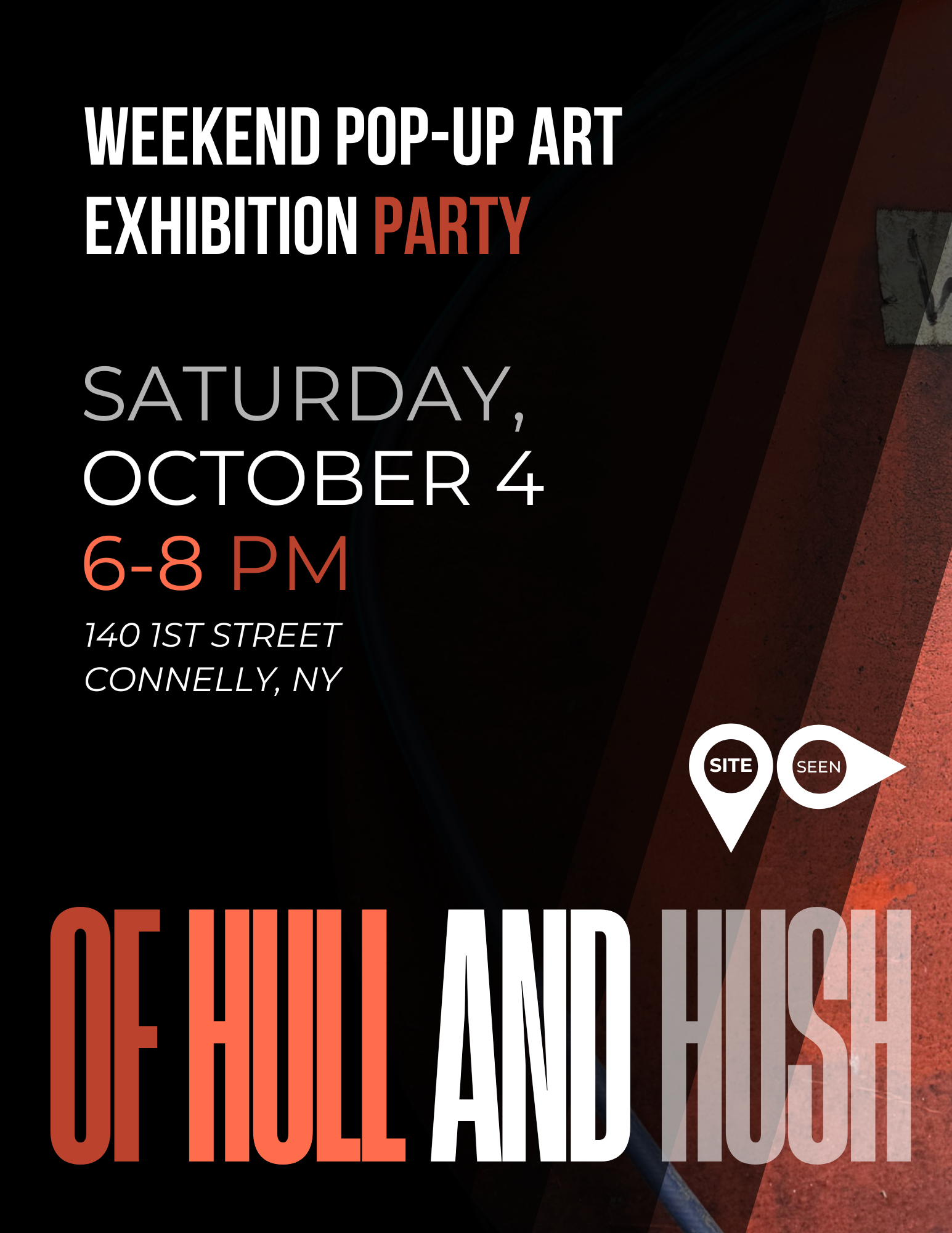 Weekend pop-up art exhibition party, Of Hull and Hush, Saturday, October 4, 6–8pm, 140 1st Street, Connelly, NY.