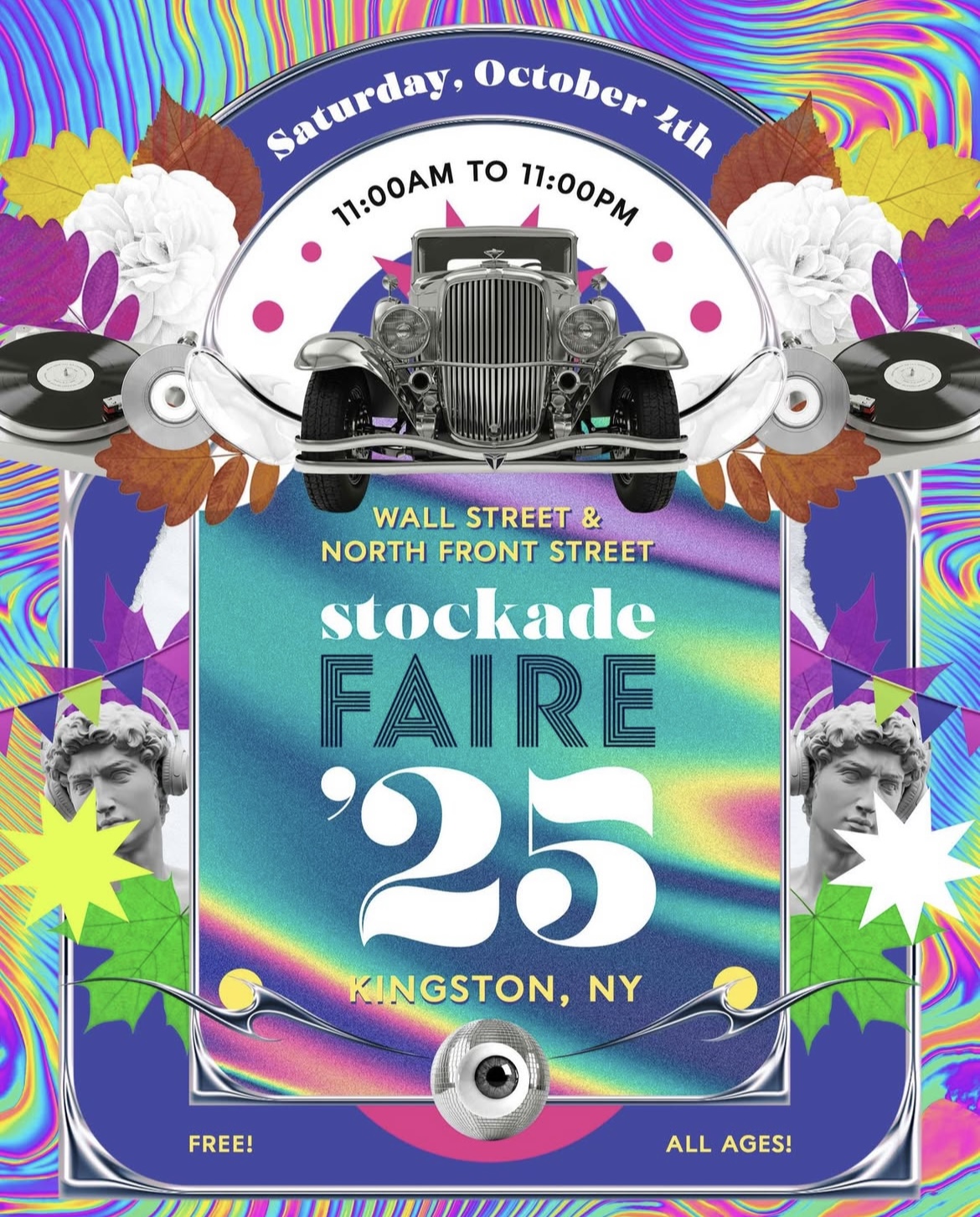 Stockade Faire ’25 event poster, Kingston, NY, Oct 4, 11am–11pm, at Wall St & North Front St. Free, all ages welcome.