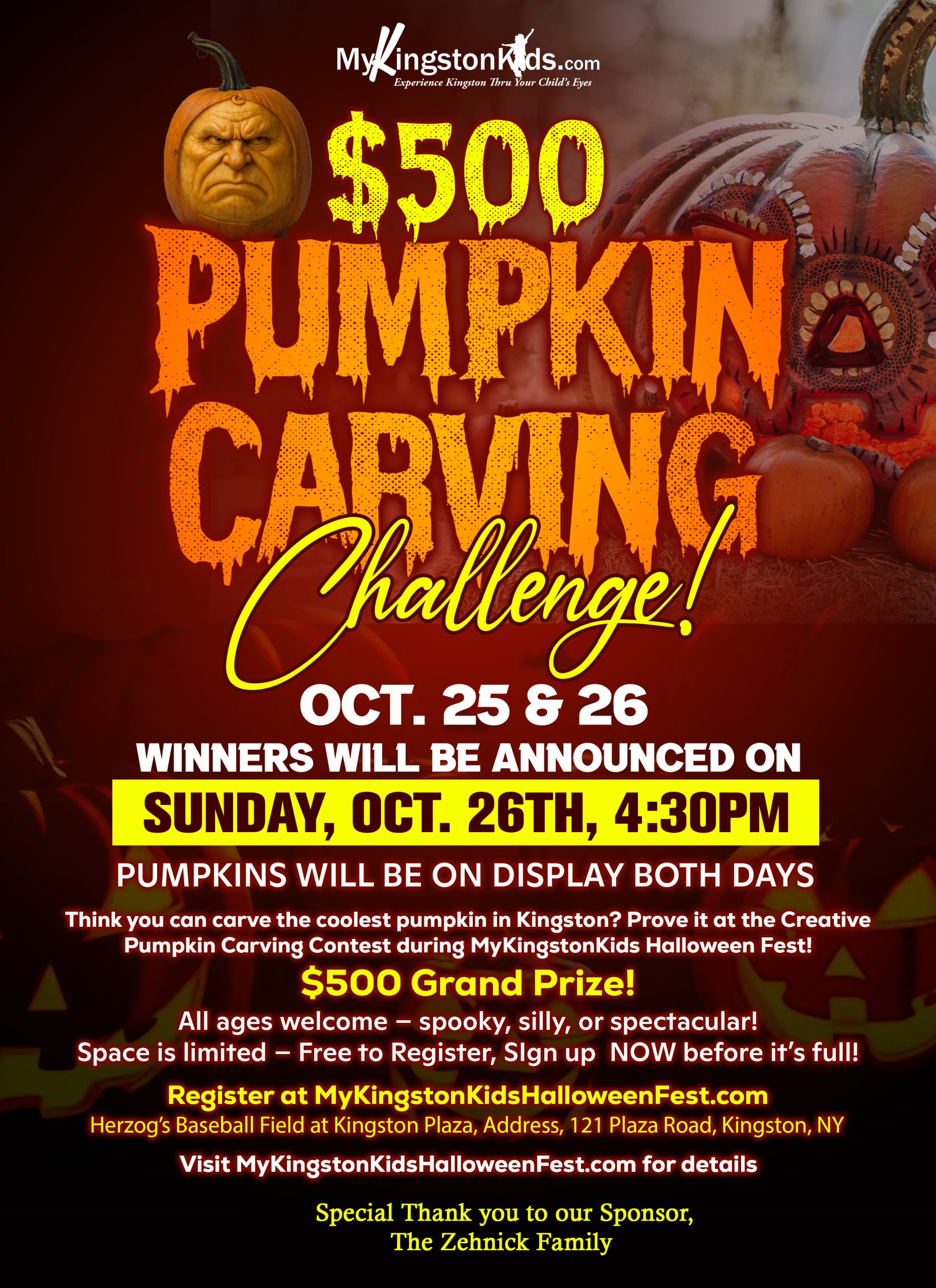 $500 Pumpkin Carving Challenge poster, Oct 25–26 at Herzog’s Baseball Field, Kingston, NY. Event details and registration info.