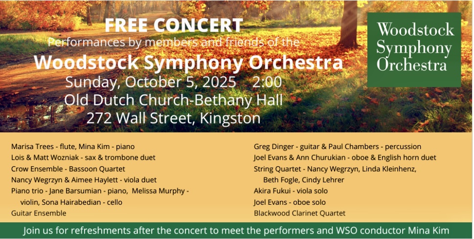 Woodstock Symphony Orchestra free concert flyer, Oct 5, 2pm, Old Dutch Church-Bethany Hall, performer list, green orchestra logo.