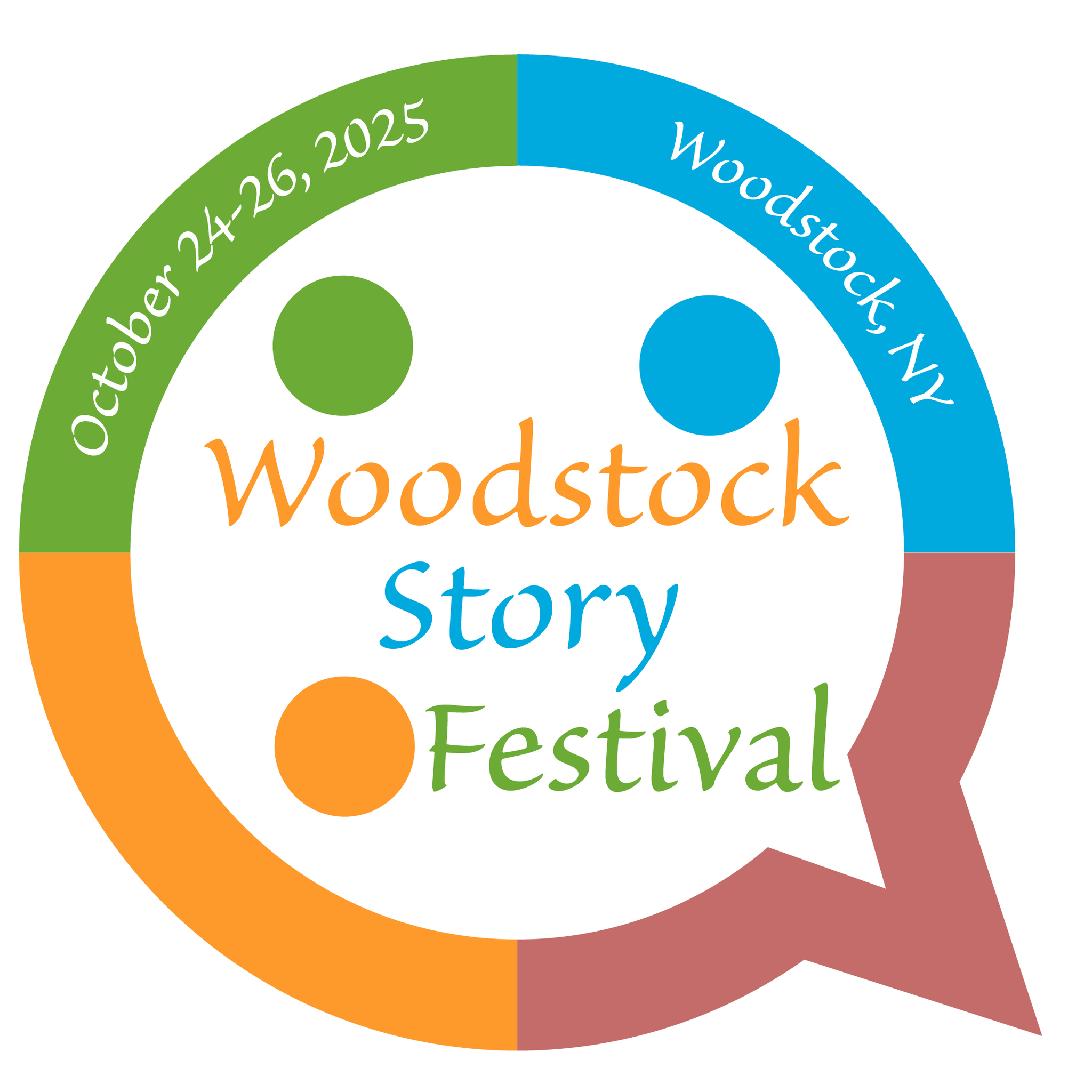 Woodstock Story Festival logo and dates, Oct 24–26, 2025, Woodstock, NY. Text in orange, blue, green with speech bubble and dots.