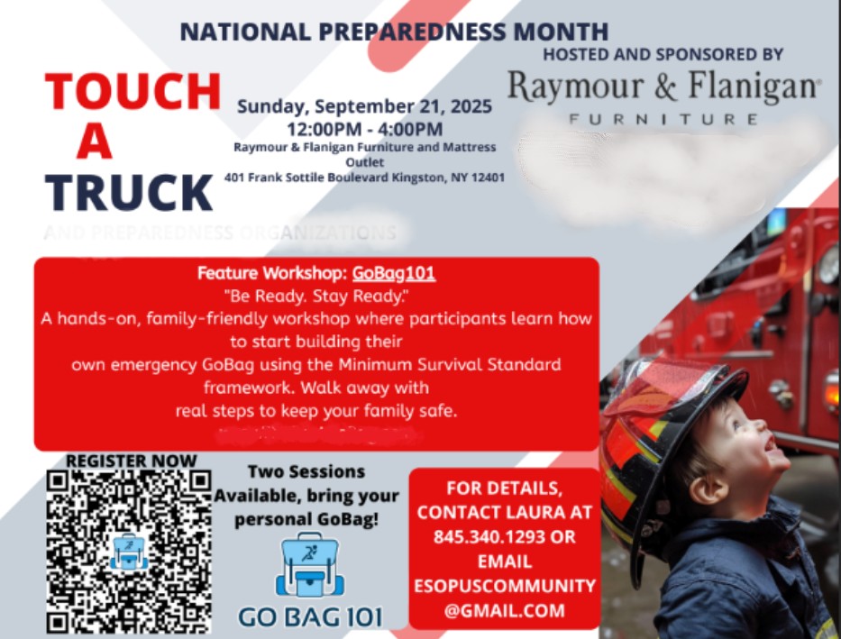 National Preparedness Month Touch a Truck flyer, Sept 21, Kingston, NY; child in firefighter gear, GoBag101, QR code, contact info.
