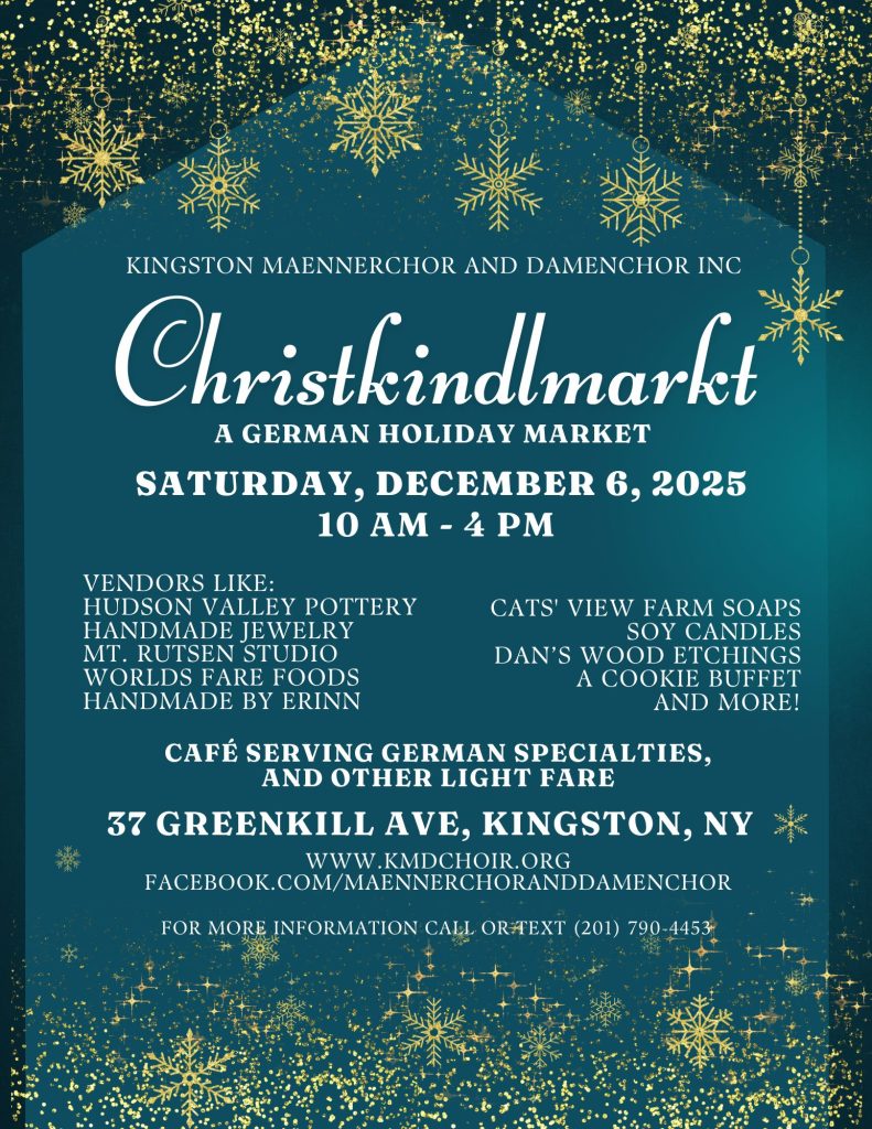Christkindlmarkt poster for German holiday market in Kingston, NY, with golden snowflakes, blue background, and vendor details.