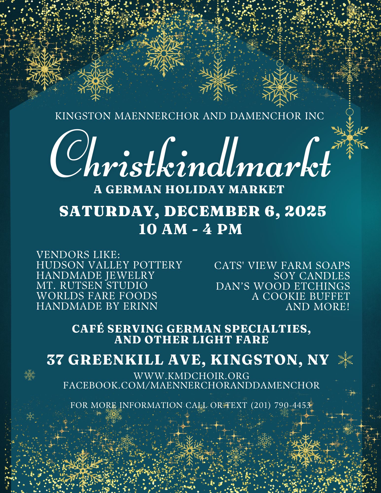 Christkindlmarkt poster for German holiday market in Kingston, NY, with golden snowflakes, blue background, and vendor details.