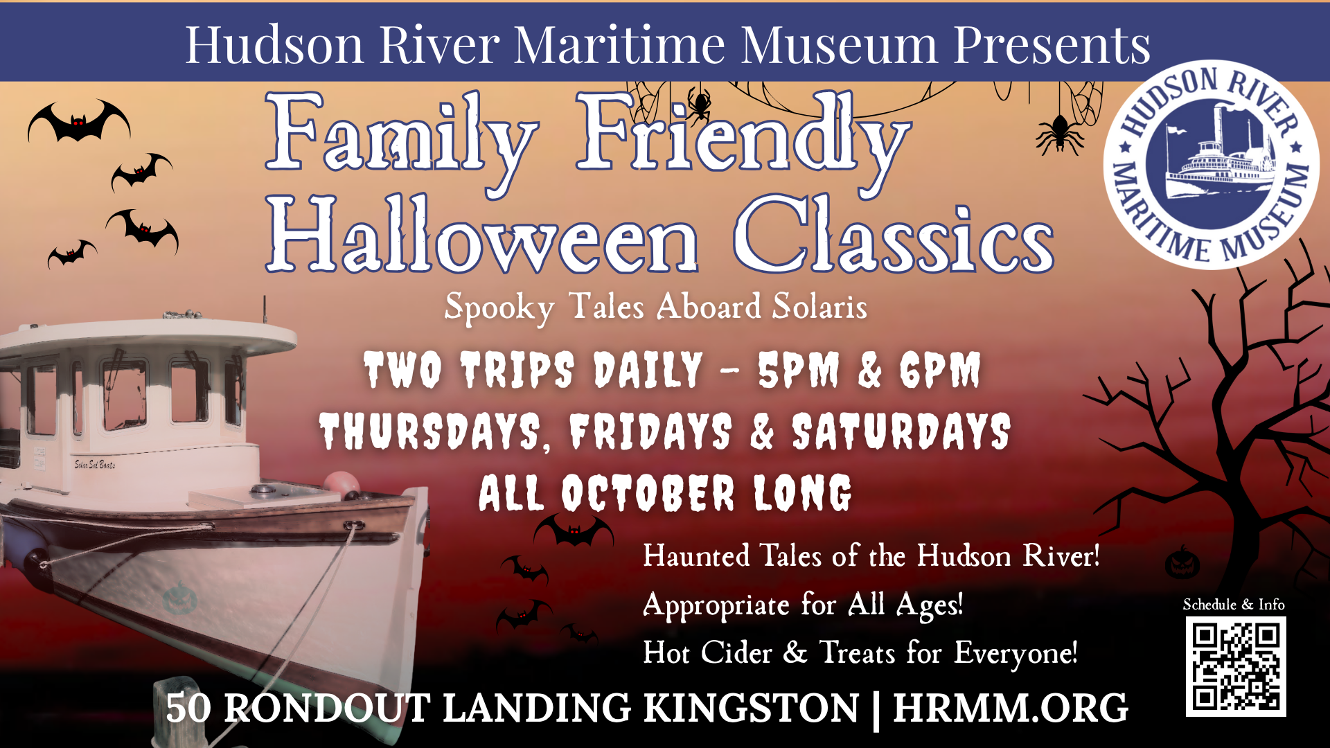 Family Friendly Halloween Classics event poster at Hudson River Maritime Museum with haunted tales, cider, treats, and trip times.