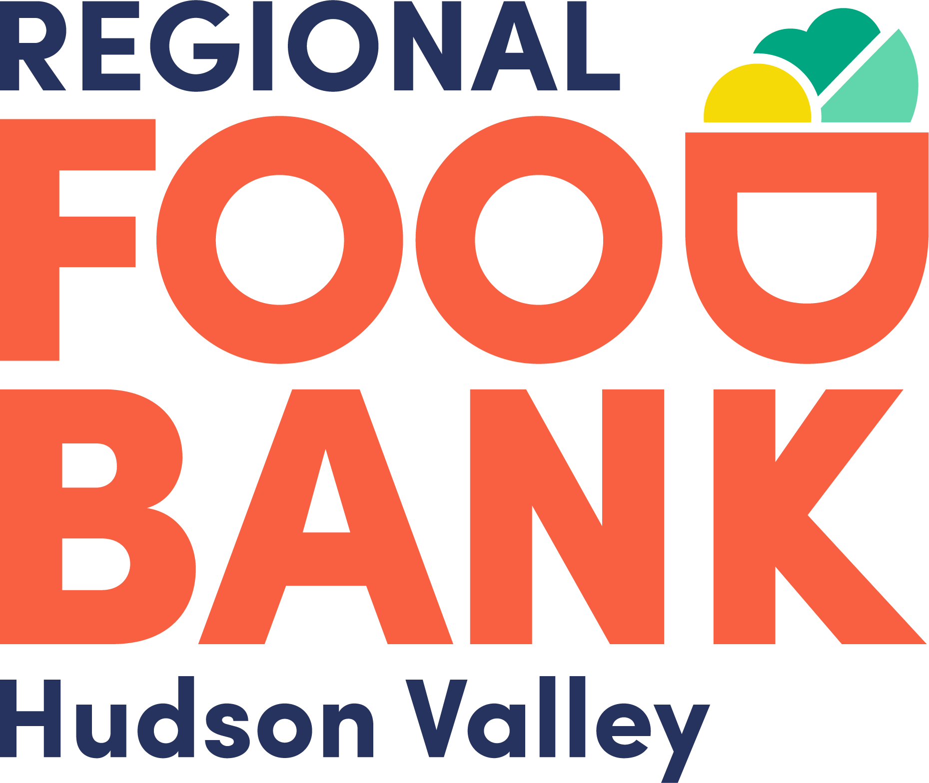 Regional Food Bank Hudson Valley logo in bold orange and navy lettering, with a food symbol in green and yellow above the ‘D’.