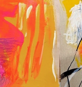Abstract painting with bright orange, pink, yellow, white, and black brushstrokes and energetic lines.