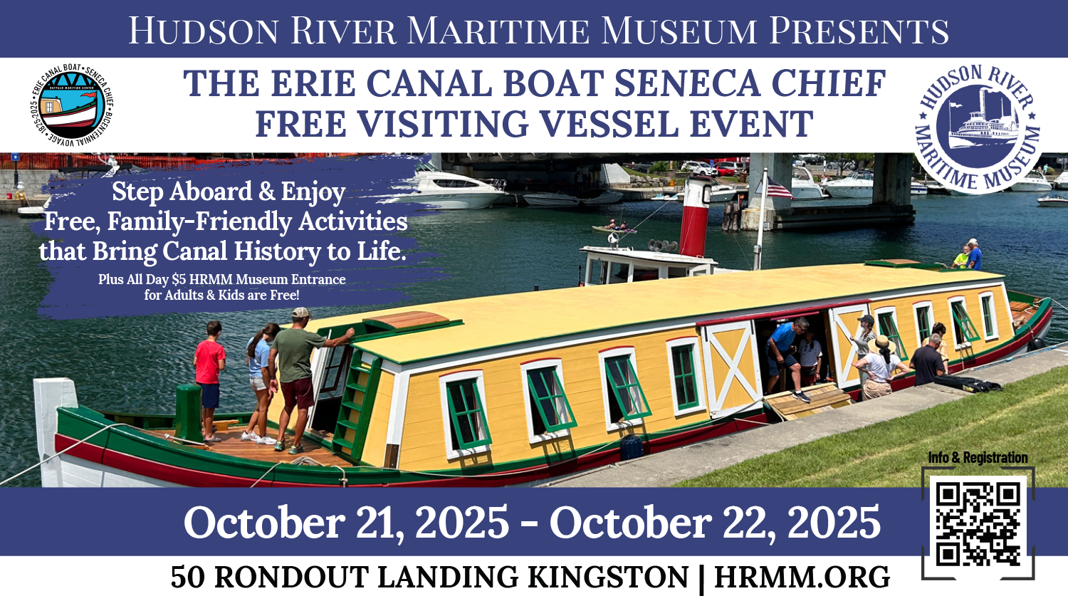 Poster for free Seneca Chief event at Hudson River Maritime Museum, with colorful canal boat and families boarding at dock.