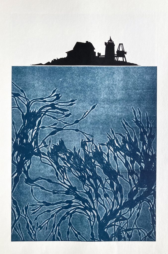 Art print showing black silhouette of buildings and lighthouse above blue underwater kelp or seaweed branches.