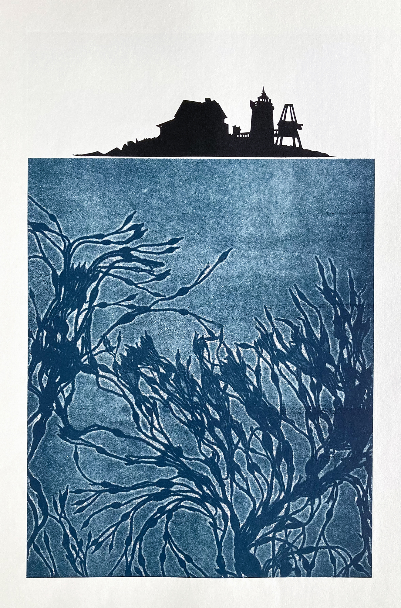 Art print showing black silhouette of buildings and lighthouse above blue underwater kelp or seaweed branches.