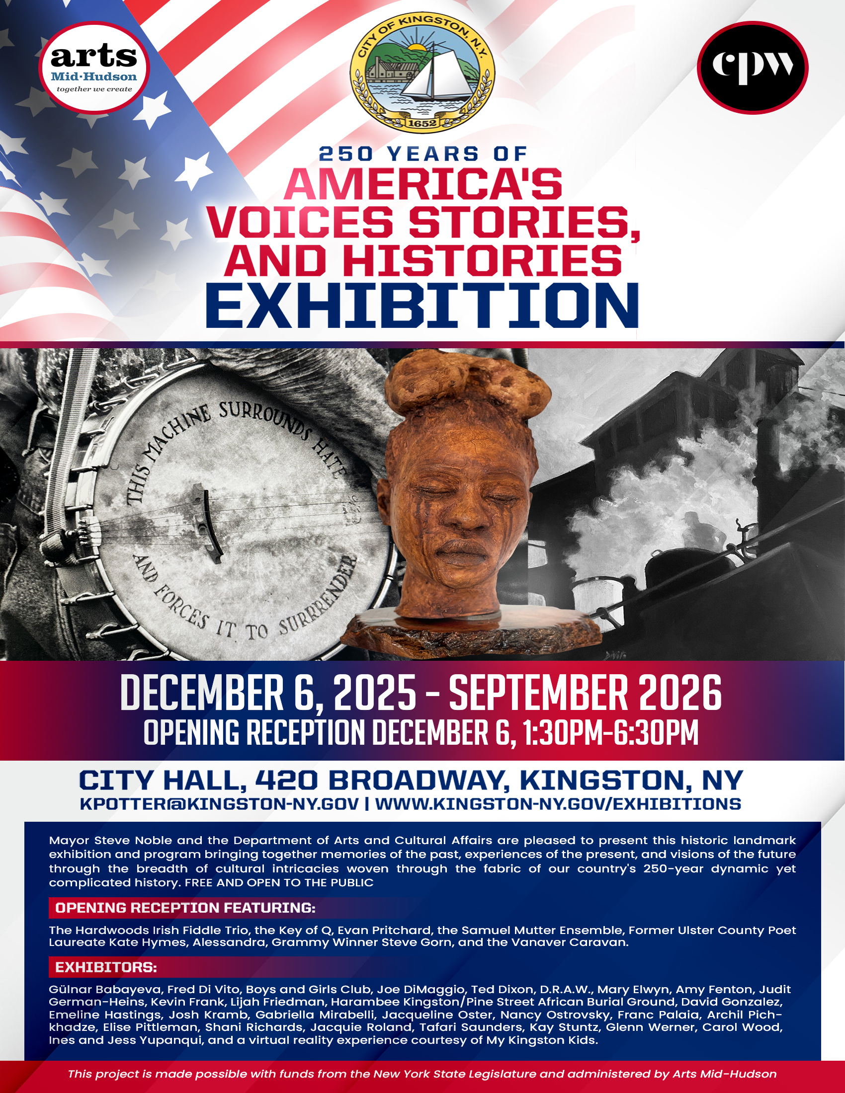 Poster for 250 Years of America’s Voices, Stories, and Histories exhibition at Kingston City Hall, Dec 2025–Sep 2026, listing performers and exhibitors.