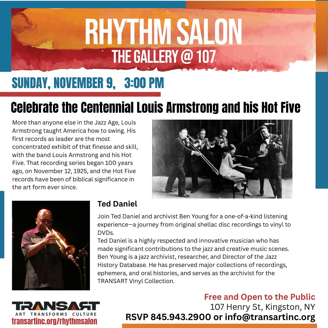 Flyer for Rhythm Salon at The Gallery @ 107, Nov 9, 3 PM, celebrating Louis Armstrong & Hot Five with jazz musicians and RSVP info.