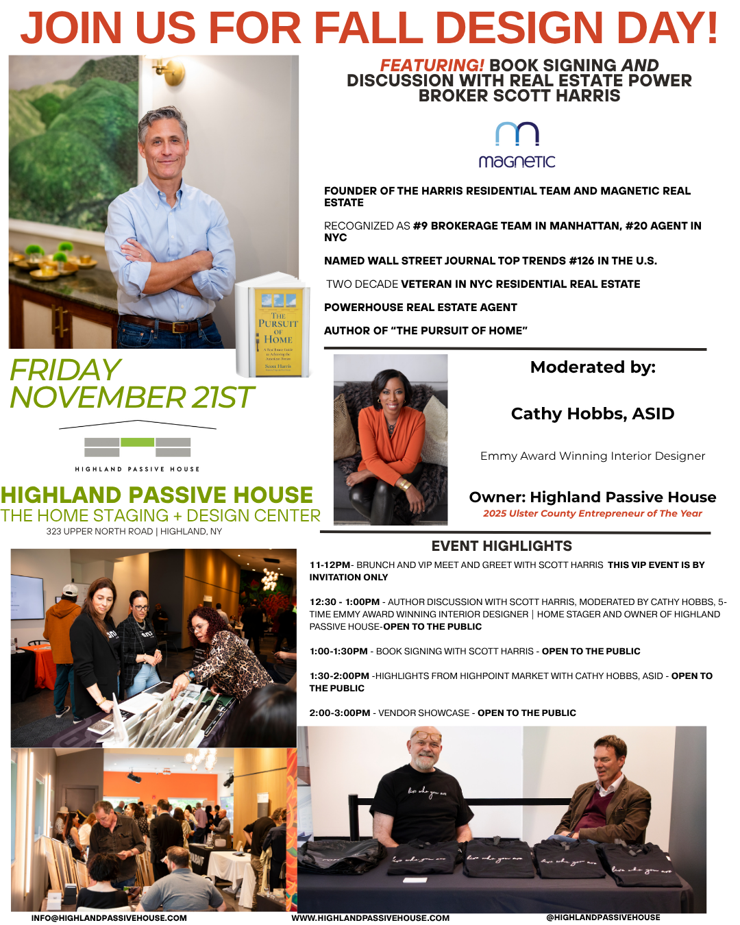 Fall Design Day flyer for Highland Passive House, Nov 21, Highland, NY, with book signing and design talks.
