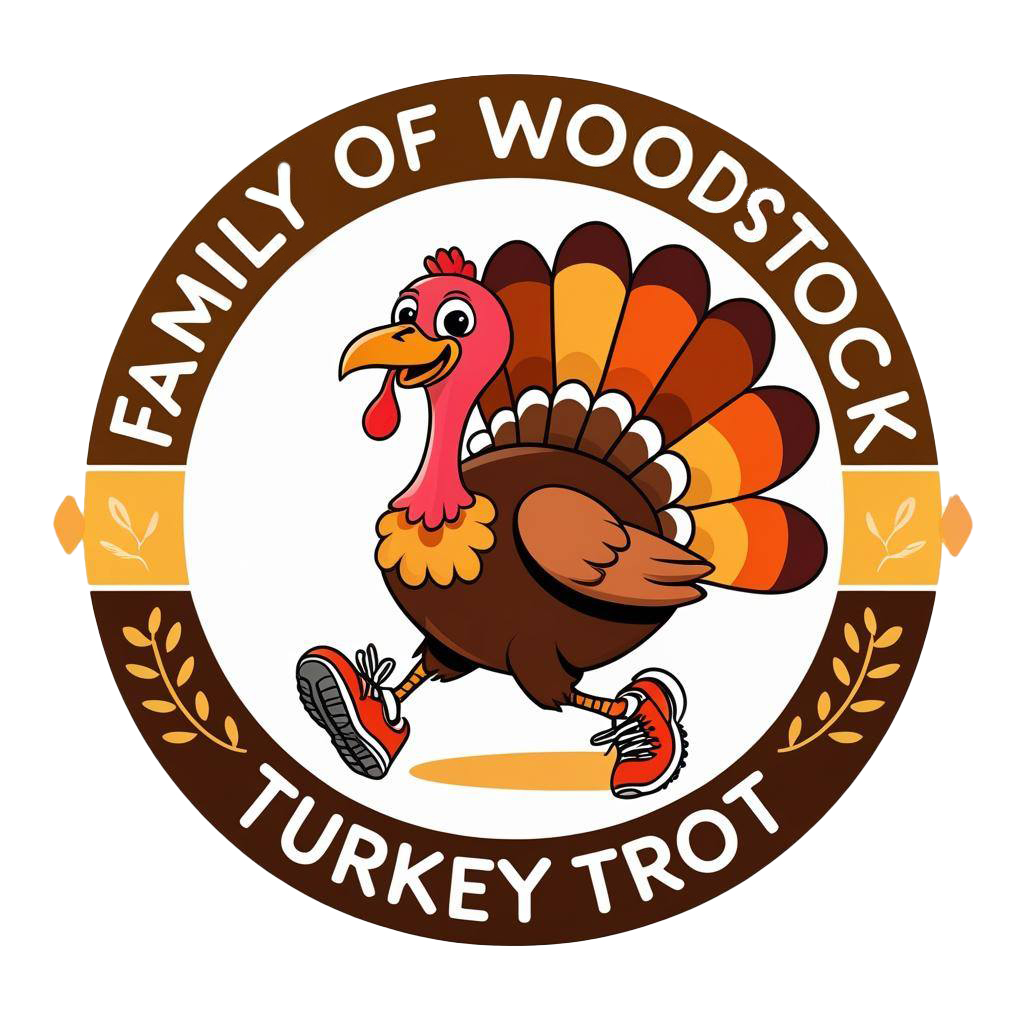 Family of Woodstock Turkey Trot logo featuring a cartoon turkey running in sneakers.