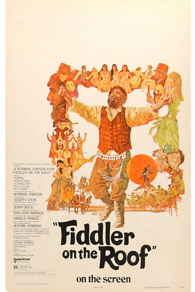 Fiddler on the Roof movie poster with central figure raising arms, surrounded by illustrations, film title at bottom.