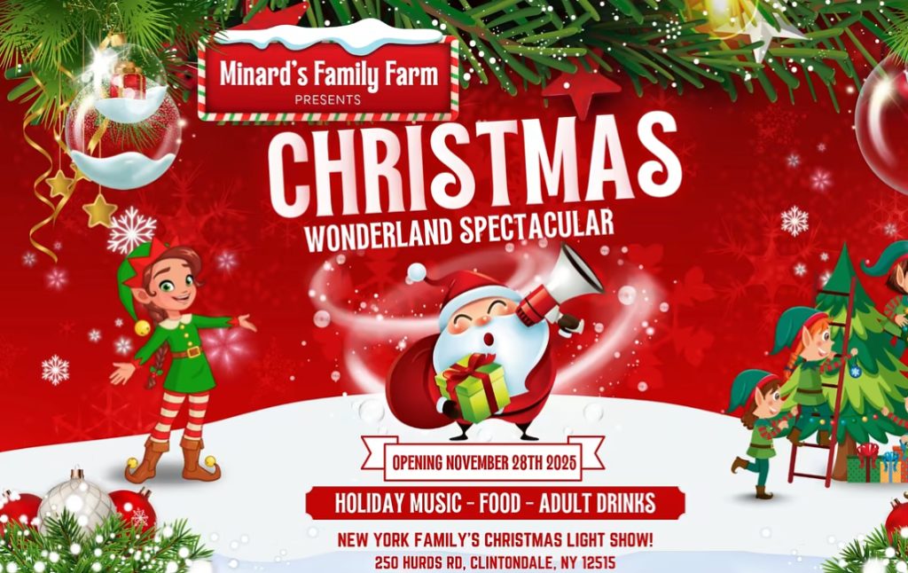 Minard’s Family Farm Christmas Wonderland poster with Santa, elves, holiday music, food, and event details for Nov 28 in Clintondale, NY.