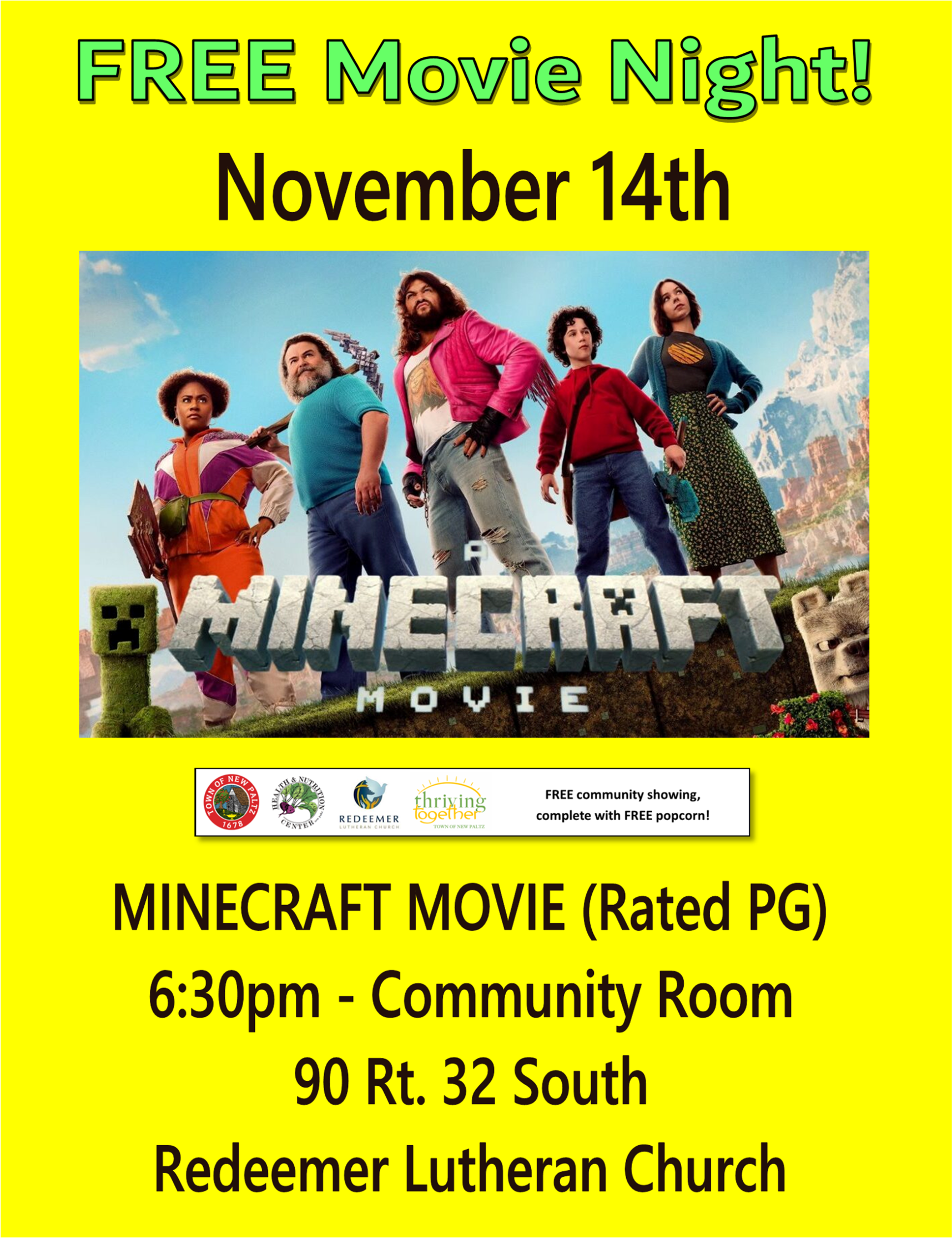 Flyer for free Minecraft Movie Night, Nov 14 at Redeemer Lutheran Church, showing Minecraft characters with event details in bright yellow.