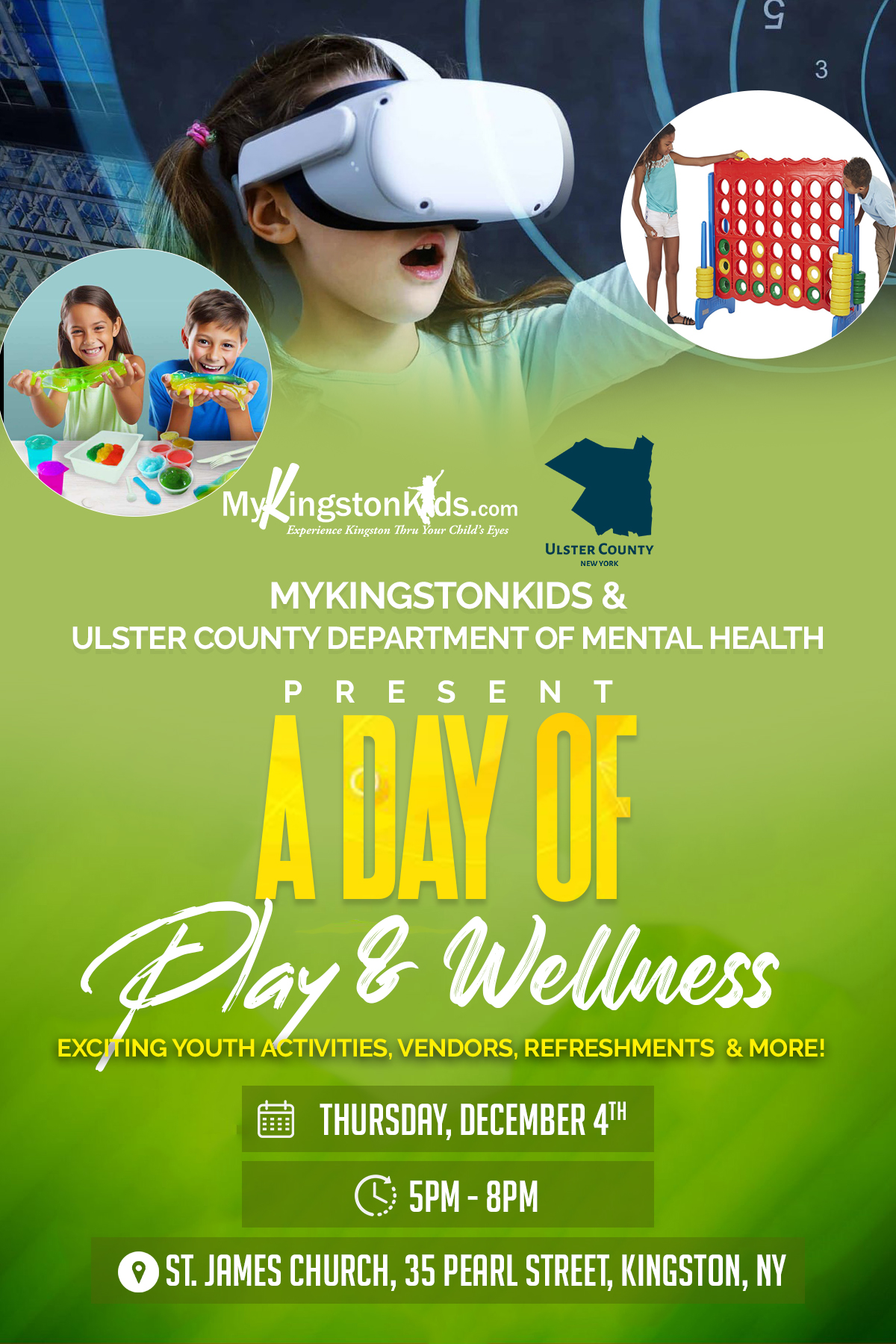 Event flyer for A Day of Play & Wellness, December 4, 5-8PM, at St. James Church, Kingston, NY.