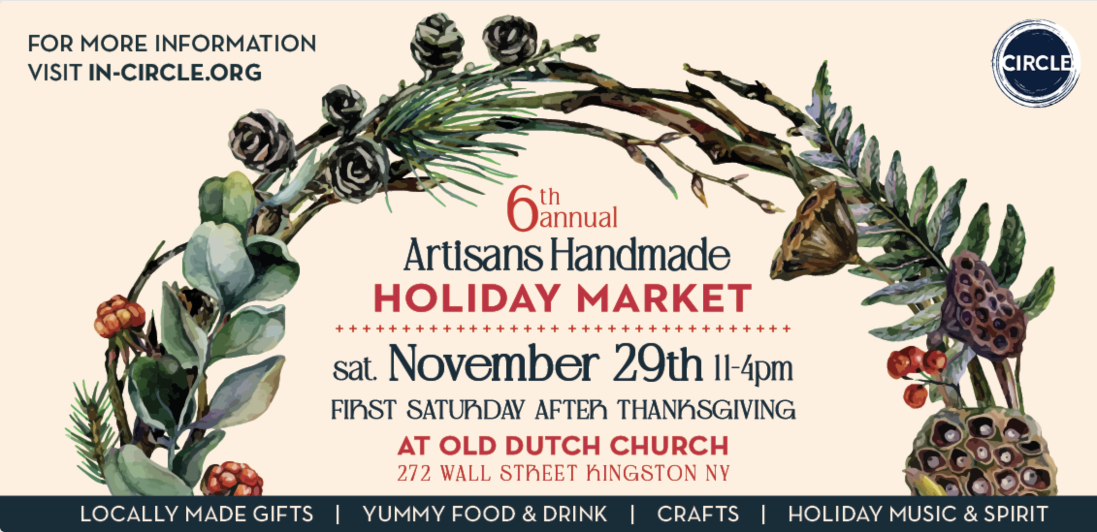 Poster for 6th annual Artisans Handmade Holiday Market at Old Dutch Church, Kingston NY, on November 29th, featuring a wreath and event details.